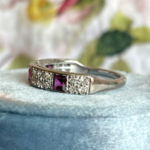 Art Deco Ruby and Diamond Band Ring Half Eternity 18k White Gold