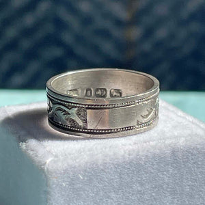 Antique Victorian Engraved Silver Band Ring 1881