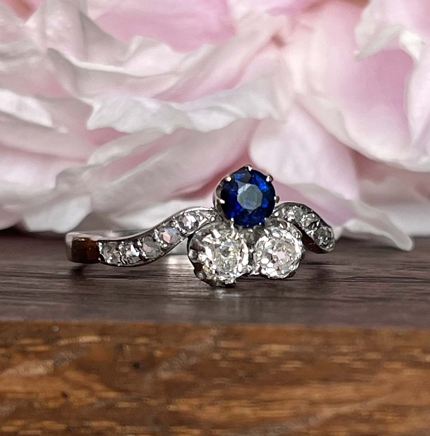 Antique Belle Epoch Sapphire Diamond Ring Trefoil