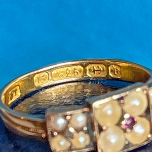 Victorian 15k Gold Pearl and Ruby Ring, Birmingham, 1876