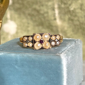 Victorian 15k Gold Pearl and Ruby Ring, Birmingham, 1876