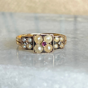 Victorian 15k Gold Pearl and Ruby Ring, Birmingham, 1876