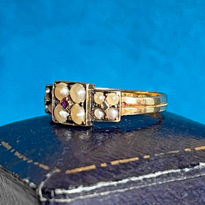 Victorian 15k Gold Pearl and Ruby Ring, Birmingham, 1876