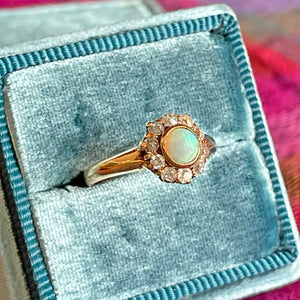 Victorian Opal Diamond Cluster Ring Halo 18k Gold