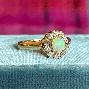 Victorian Opal Diamond Cluster Ring Halo 18k Gold