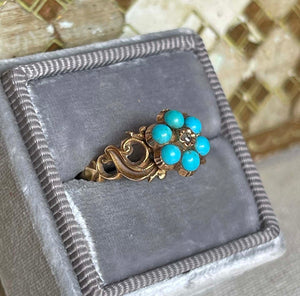 Victorian Turquoise Diamond Forget-me-not Ring Locket Back 15k