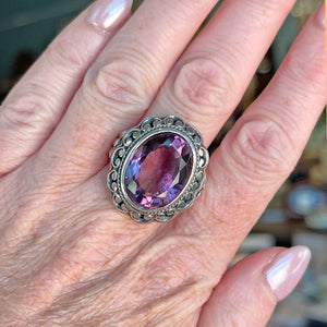 Antique Large Silver Pierced Amethyst Ring