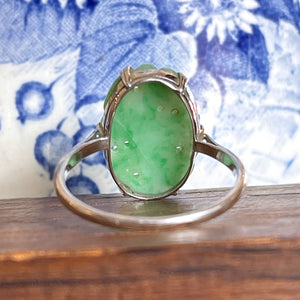 Art Deco Jade Floral Carved Ring in 9k White Gold, English, Size 8.5