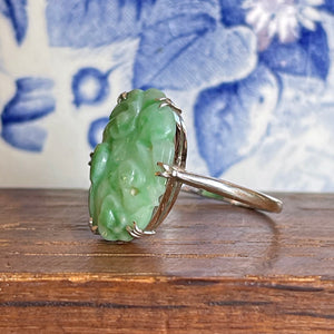 Art Deco Jade Floral Carved Ring in 9k White Gold, English, Size 8.5