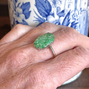 Art Deco Jade Floral Carved Ring in 9k White Gold, English, Size 8.5