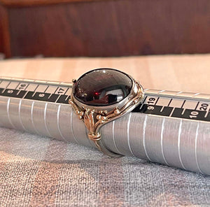 Arts and Crafts Era Large Cabochon Garnet Ring in Silver Gold Accents