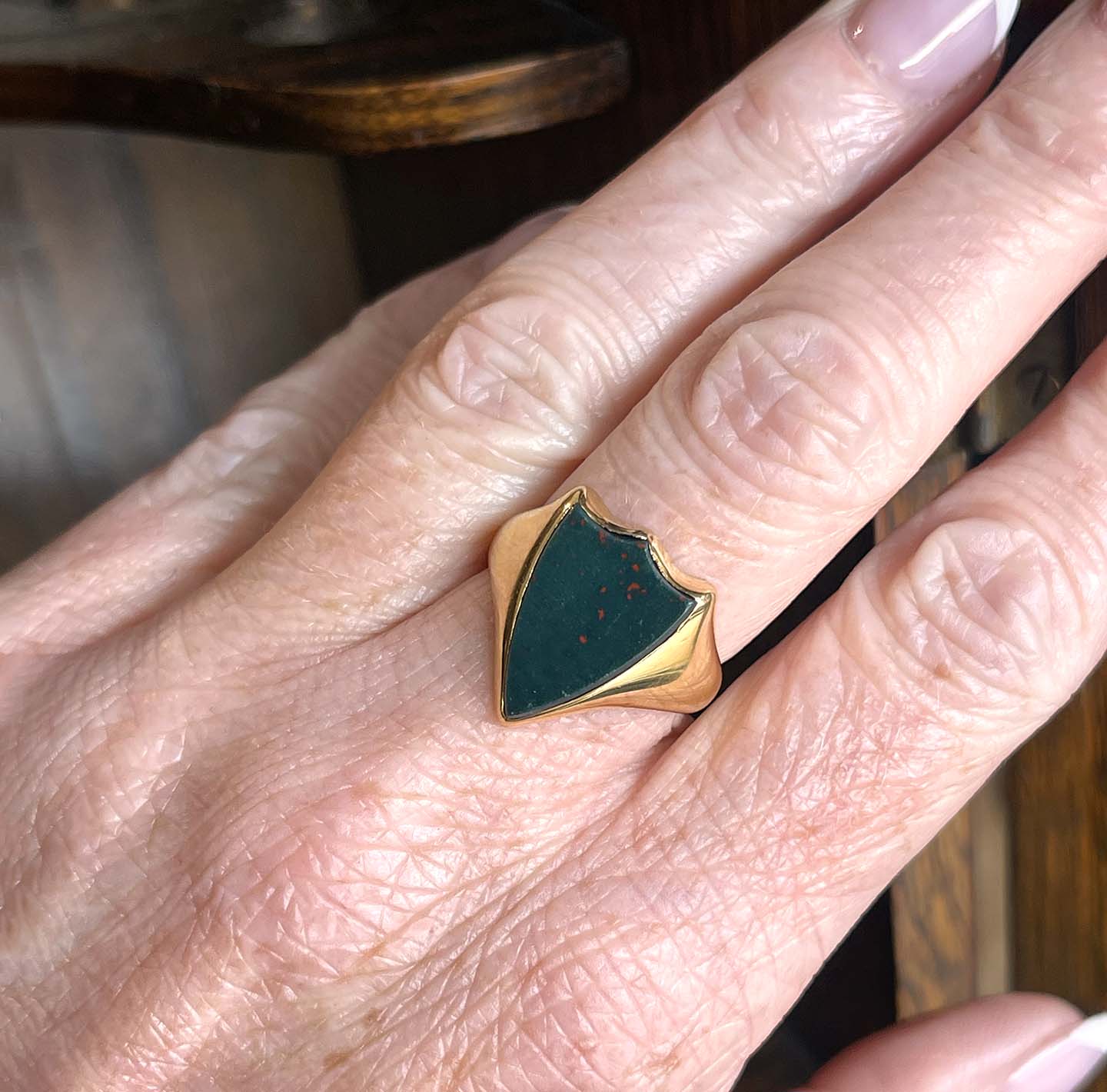 Antique Edwardian Bloodstone Signet Ring 18k Gold Shield Shape