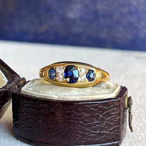 Victorian 18k Gold Sapphire and Diamond Boat Ring, c. 1890