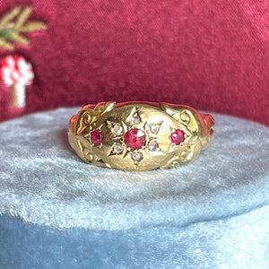 Edwardian Ruby and Rose-Cut Diamond Starburst Ring, 18k Gold, Chester 1911