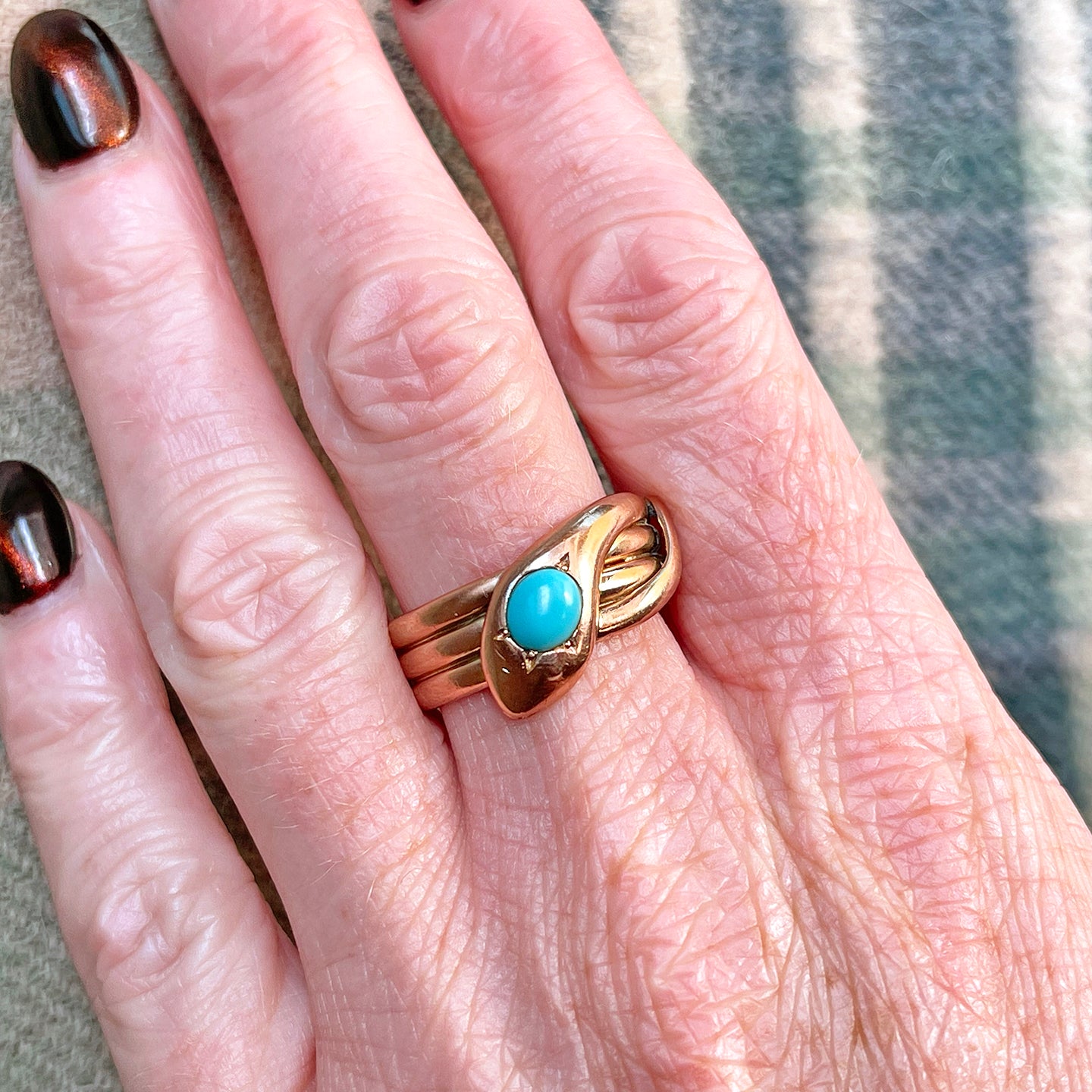 Edwardian 1911 Chester 9k Gold Snake Ring with Turquoise