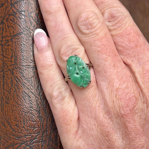 Antique Art Deco Carved Jade Ring White Gold