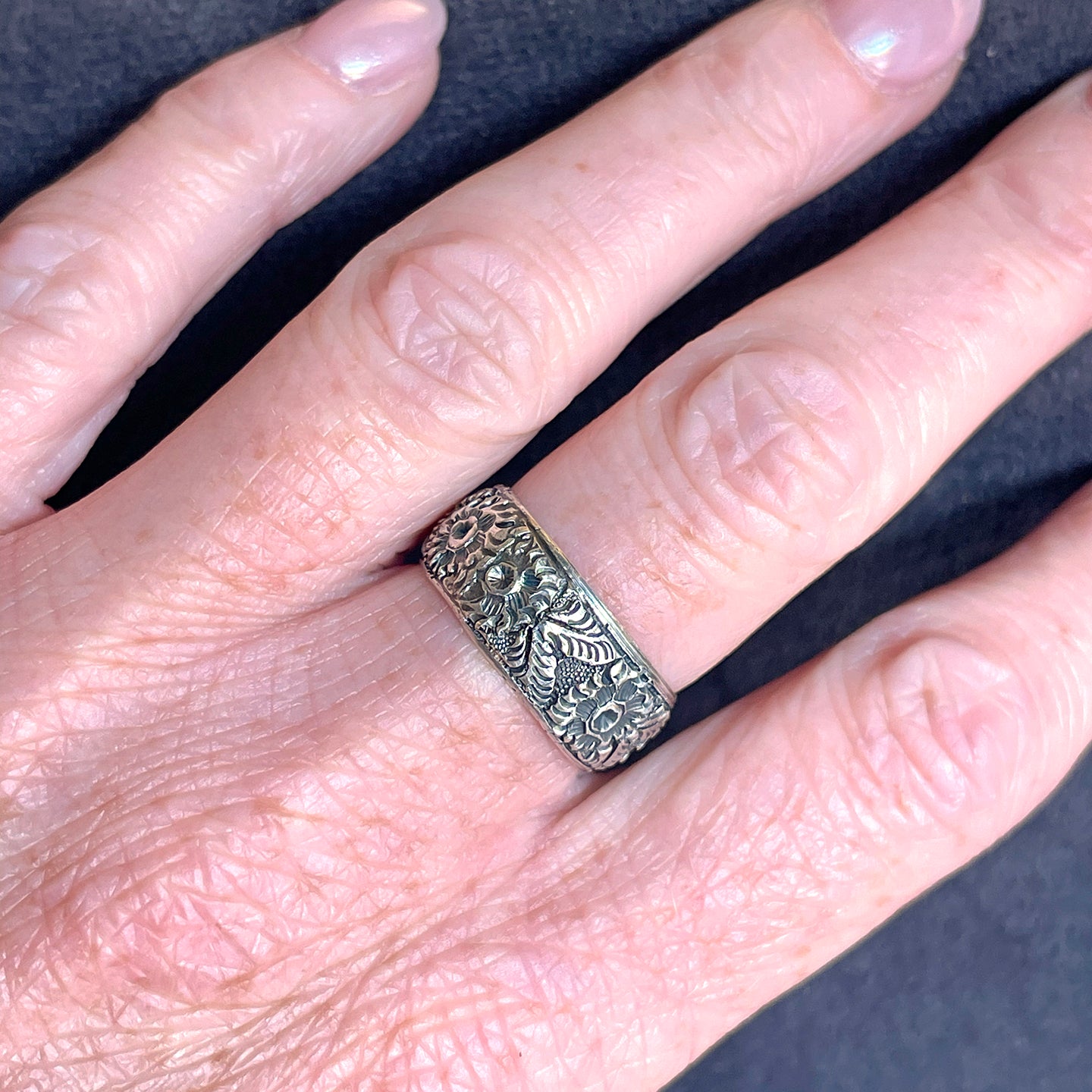 Victorian Silver Floral Band Ring, Birmingham 1883, Size 7