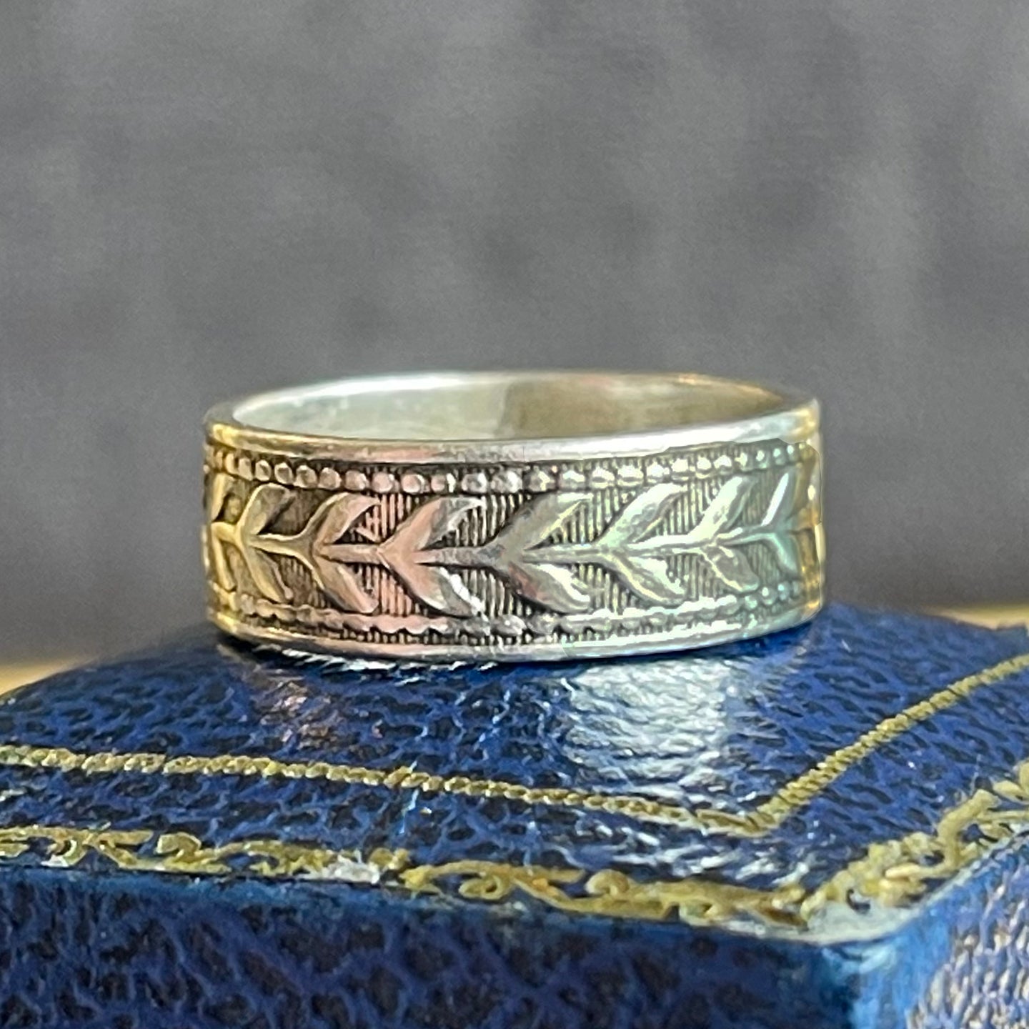 Arts and Crafts Silver Band Ring by Bernard Instone, Leafy Vine Motif, Size 8