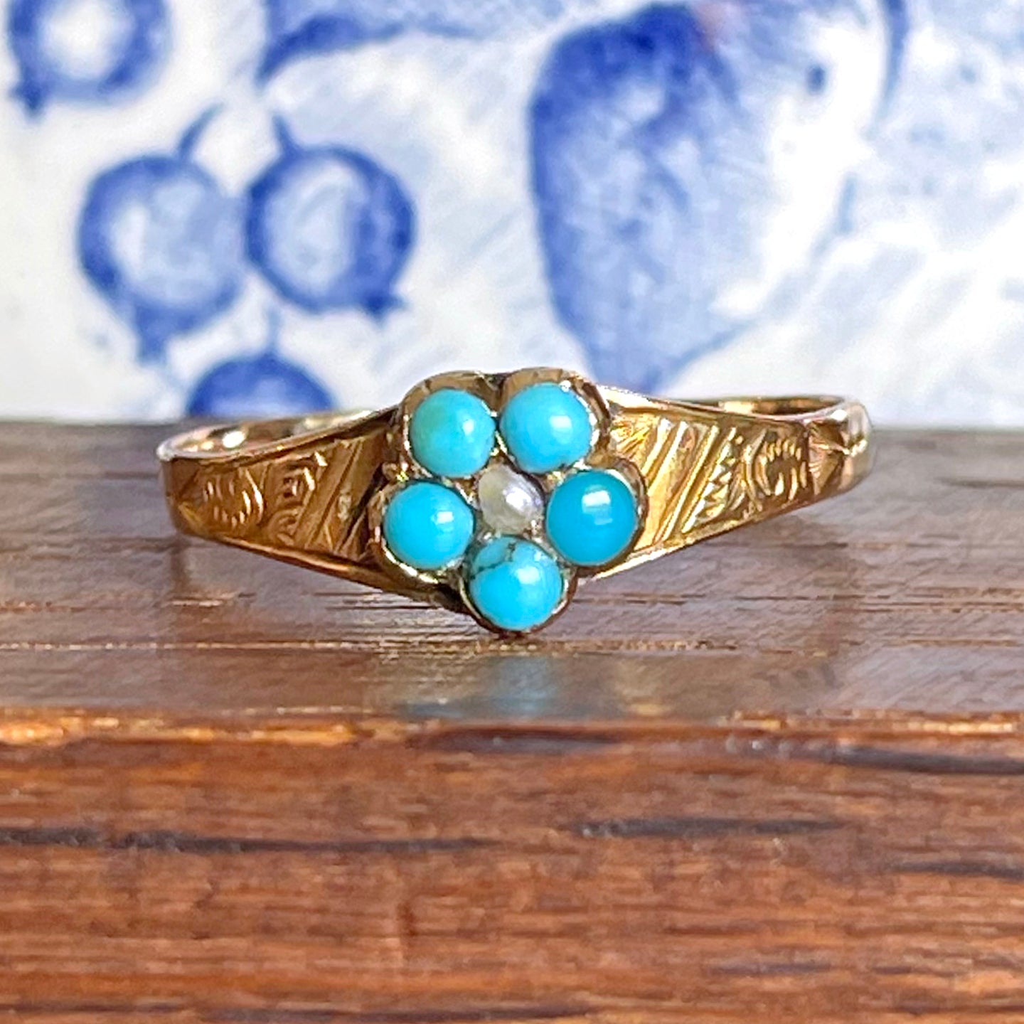 Georgian Turquoise and Pearl Cluster Ring, 15k Gold, Birmingham 1798