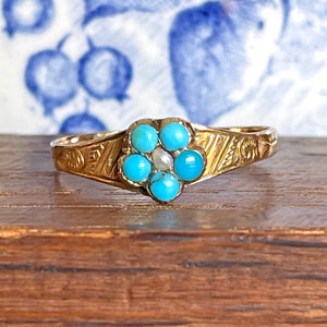 Georgian Turquoise and Pearl Cluster Ring, 15k Gold, Birmingham 1798