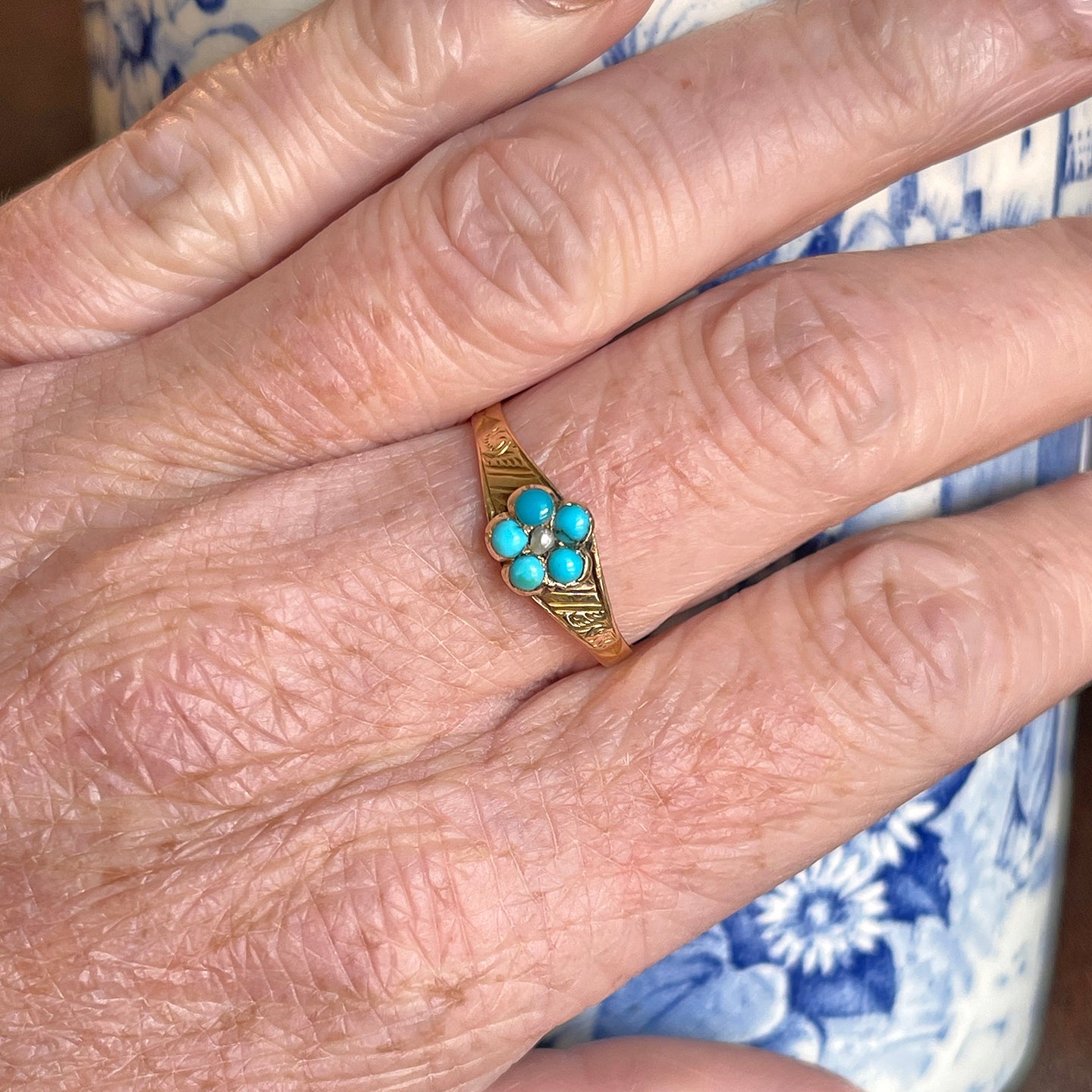 Georgian Turquoise and Pearl Cluster Ring, 15k Gold, Birmingham 1798