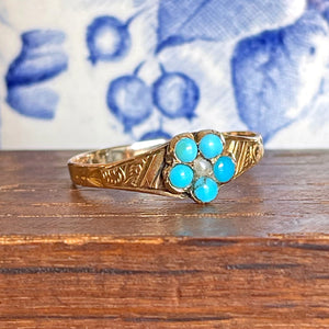 Georgian Turquoise and Pearl Cluster Ring, 15k Gold, Birmingham 1798