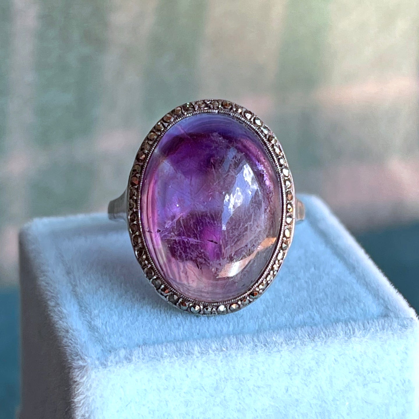 Dreamy Amethyst Cabochon Ring with Marcasites in 800 Silver, Size 7