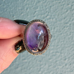 Dreamy Amethyst Cabochon Ring with Marcasites in 800 Silver, Size 7