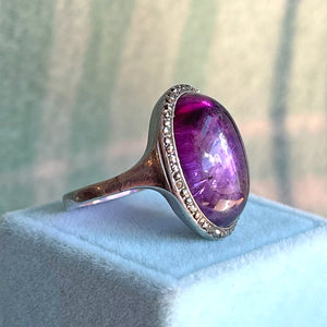 Dreamy Amethyst Cabochon Ring with Marcasites in 800 Silver, Size 7