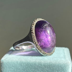 Dreamy Amethyst Cabochon Ring with Marcasites in 800 Silver, Size 7