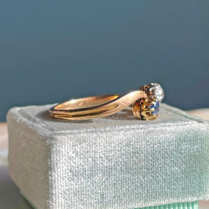 Victorian 18k Gold Sapphire Diamond Bypass Ring