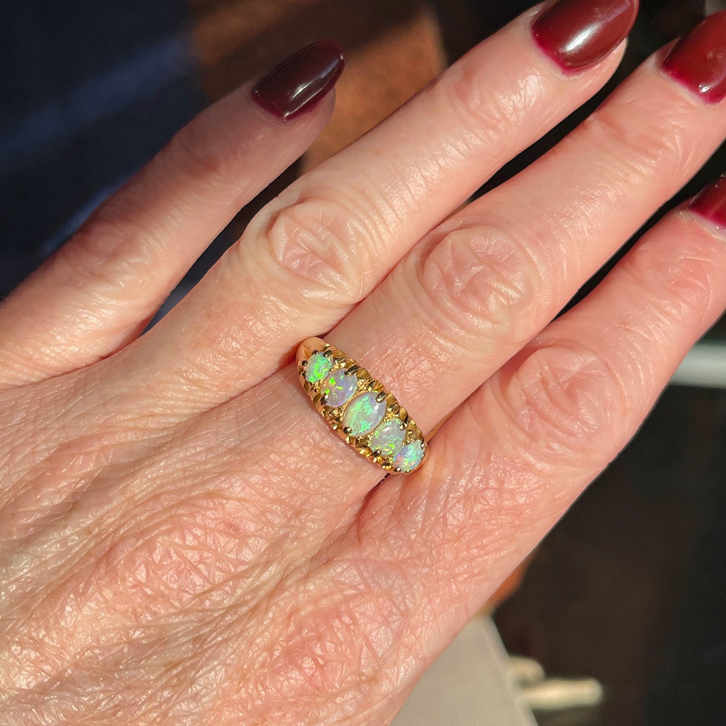 Antique 18k Gold Five Opal Ring, Chester, 1900