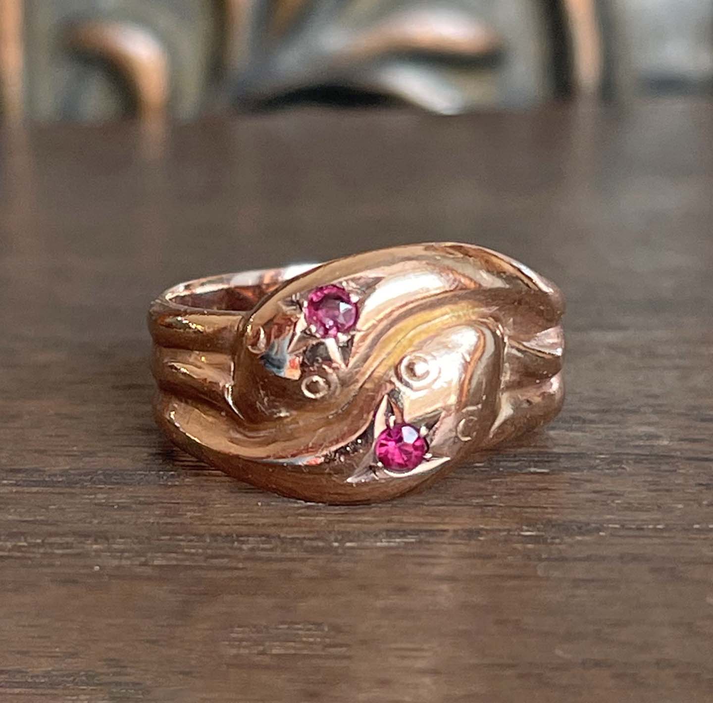 Edwardian Double Snake Ring Ruby Heads 9k Gold Dated 1918