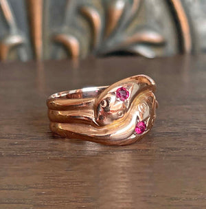 Edwardian Double Snake Ring Ruby Heads 9k Gold Dated 1918