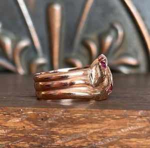 Edwardian Double Snake Ring Ruby Heads 9k Gold Dated 1918