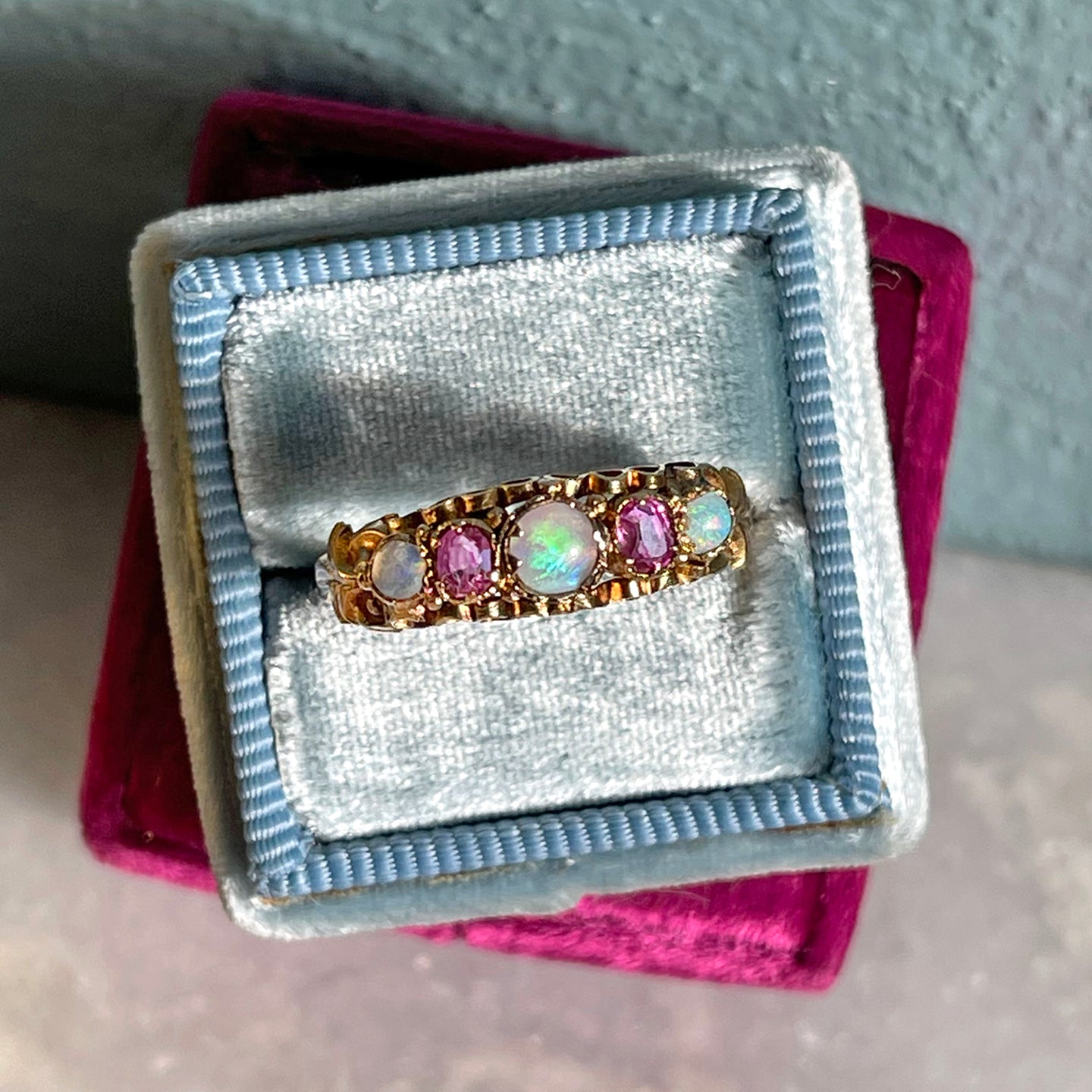 Victorian 15k Gold Opal and Ruby Band, c. 1870 Size 8