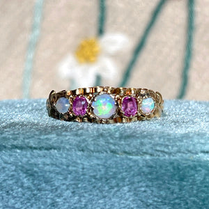 Victorian 15k Gold Opal and Ruby Band, c. 1870 Size 8