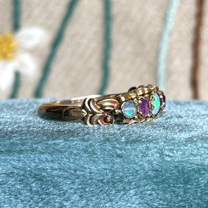 Victorian 15k Gold Opal and Ruby Band, c. 1870 Size 8