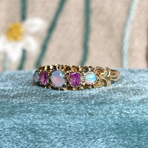 Victorian 15k Gold Opal and Ruby Band, c. 1870 Size 8