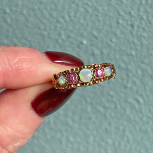 Victorian 15k Gold Opal and Ruby Band, c. 1870 Size 8