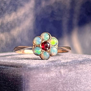 Edwardian Gold Opal Ruby Cluster Ring