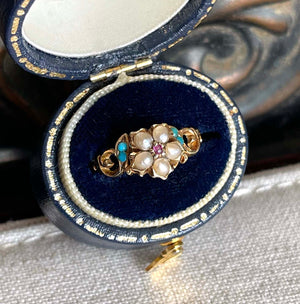 Victorian Forget Me Not Flower Ring Turquoise Ruby Pearl 15k Gold