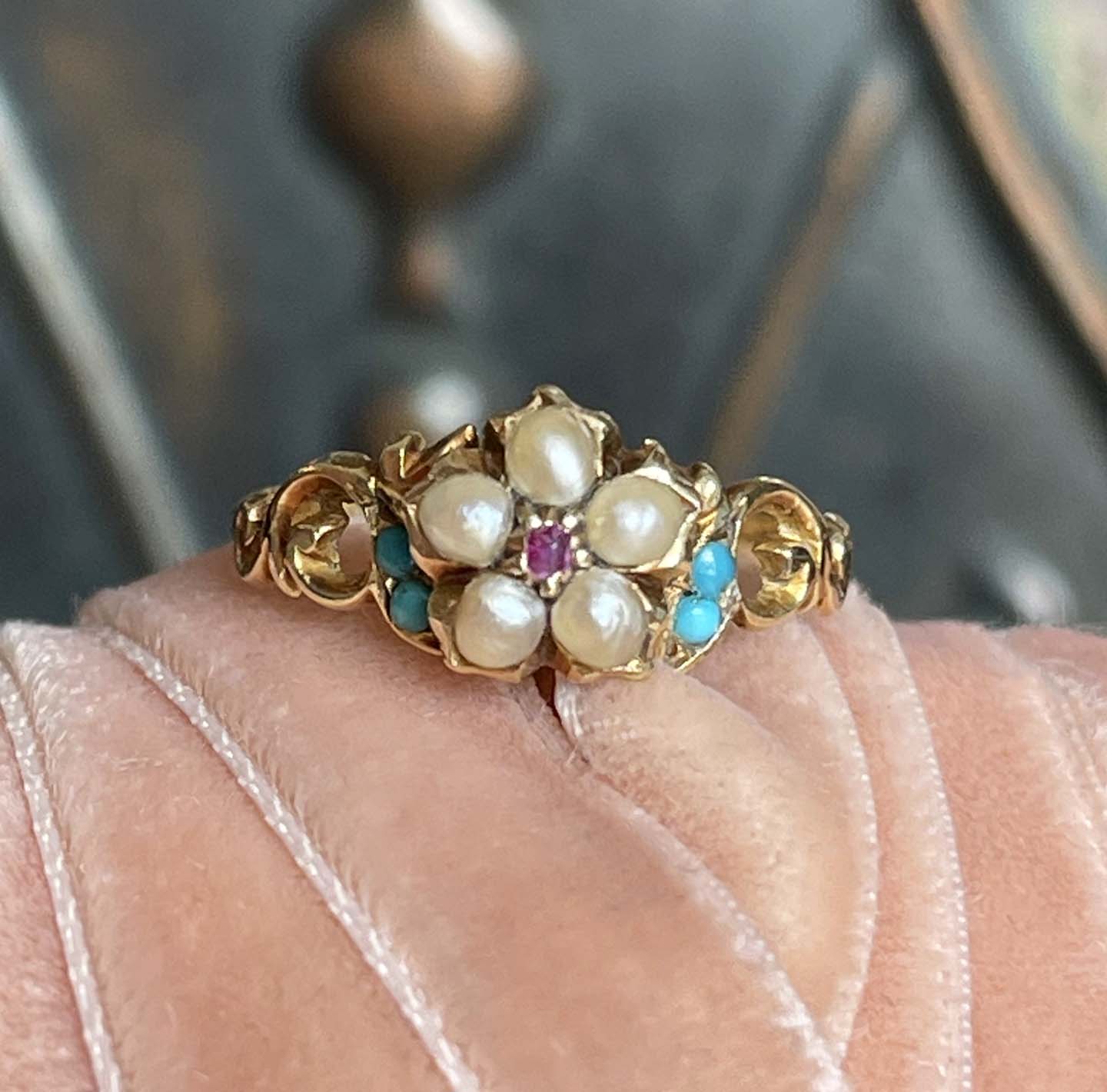 Victorian Forget Me Not Flower Ring Turquoise Ruby Pearl 15k Gold