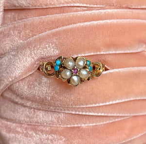 Victorian Forget Me Not Flower Ring Turquoise Ruby Pearl 15k Gold