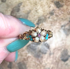 Victorian Forget Me Not Flower Ring Turquoise Ruby Pearl 15k Gold