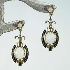 Victorian 14k Gold Opal Black Enamel Earrings