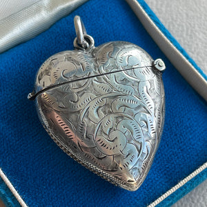 Antique Victorian Silver Heart Match Safe Vesta Pendant, 1897