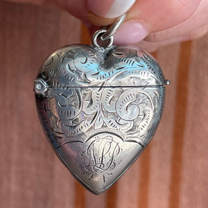 Antique Victorian Silver Heart Match Safe Vesta Pendant, 1897