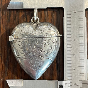 Antique Victorian Silver Heart Match Safe Vesta Pendant, 1897