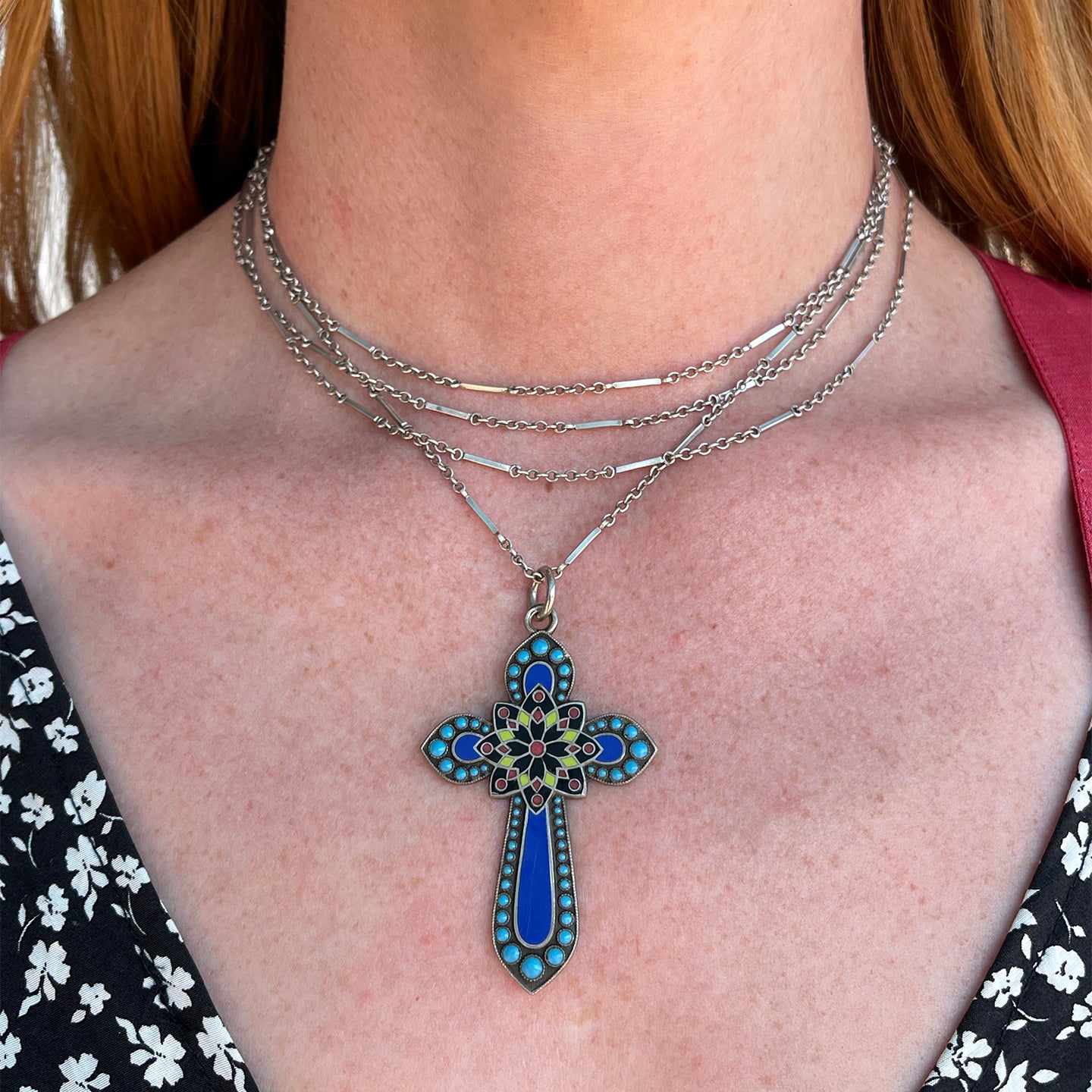 Antique Enamel and Turquoise Cross Pendant, c. 1900